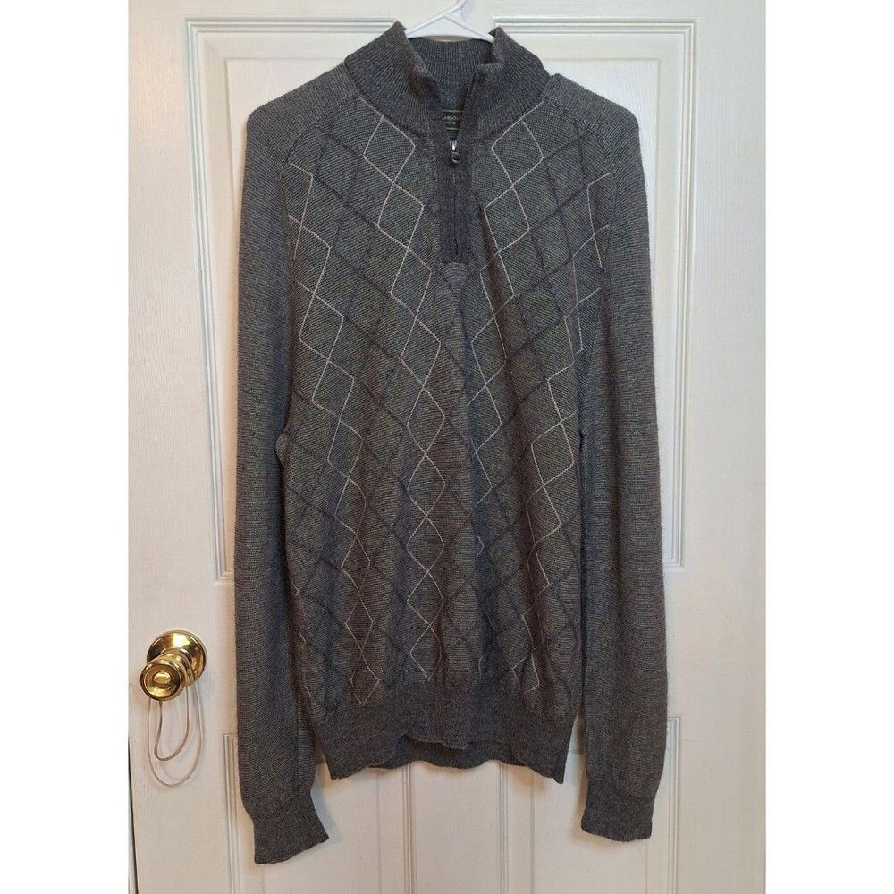 Joseph Abboud Grey Diamond Knit Alpaca Wool Quarter Zip Sweater Academia Size M